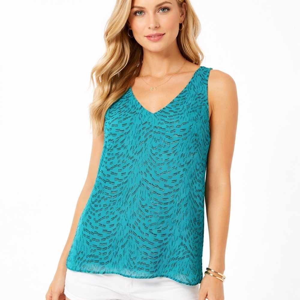 Lilly Pulitzer Silk Blend Florin Teal Bay Metallic Print V-Neck Tank Top Size M